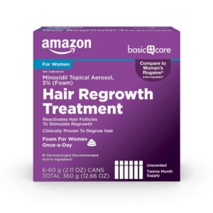 Amazon Basic Care Hair Regrowth Treatment For Women, Minoxidil 5% Topical Aerosol, Clinically Proven Foam, 12-Month Supply, Unscented, 2.11 ounce (Pack of 6)