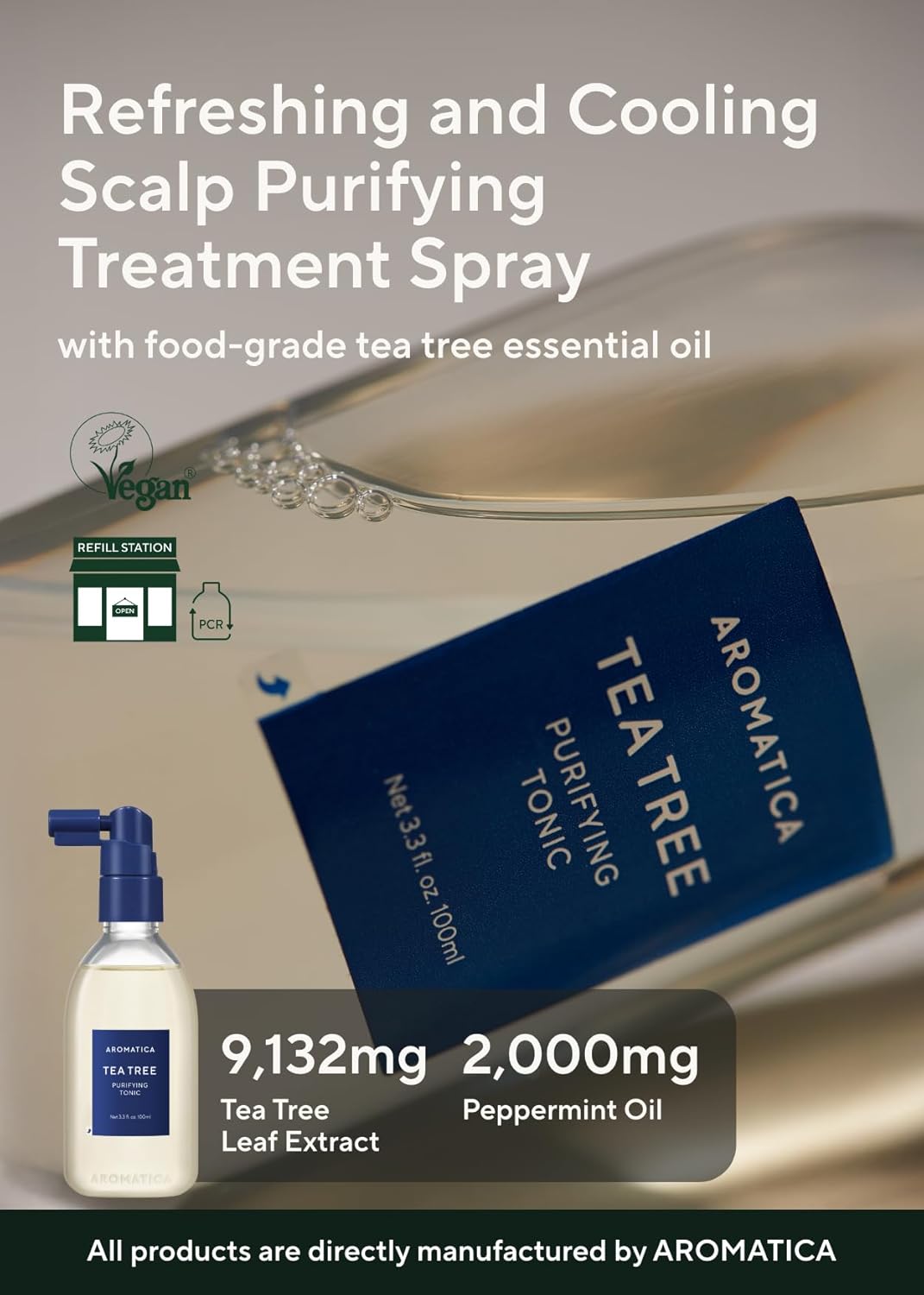 AROMATICA Tea Tree Purifying Tonic, Paraben, Silicone, Sulfate-free | Vegan | Soothing & Cooling Tonic for Your Scalp | Helps Hair Look Healthier and Nourished | Natural Ingredients Only (3.38oz) - Image 2