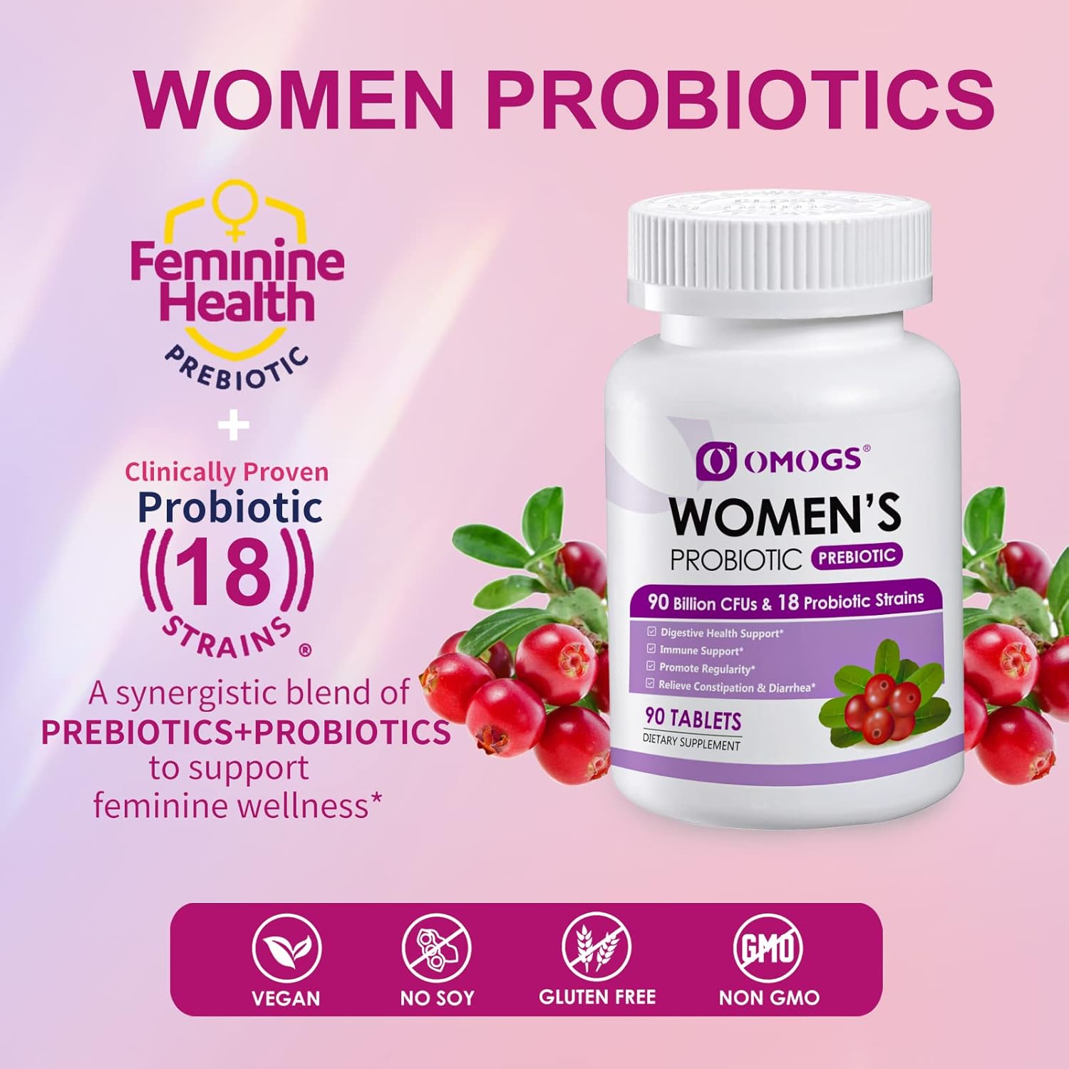 OMOGS Women's Probiotic, with Cranberry Extract, Organic Prebiotics & Vitamin C, 90 Billion CFUs,18 Strains, Help for Boost Immune, Digestive, Gut Health & Women's Health, Gluten & Soy Free,90 Tablets - Image 4