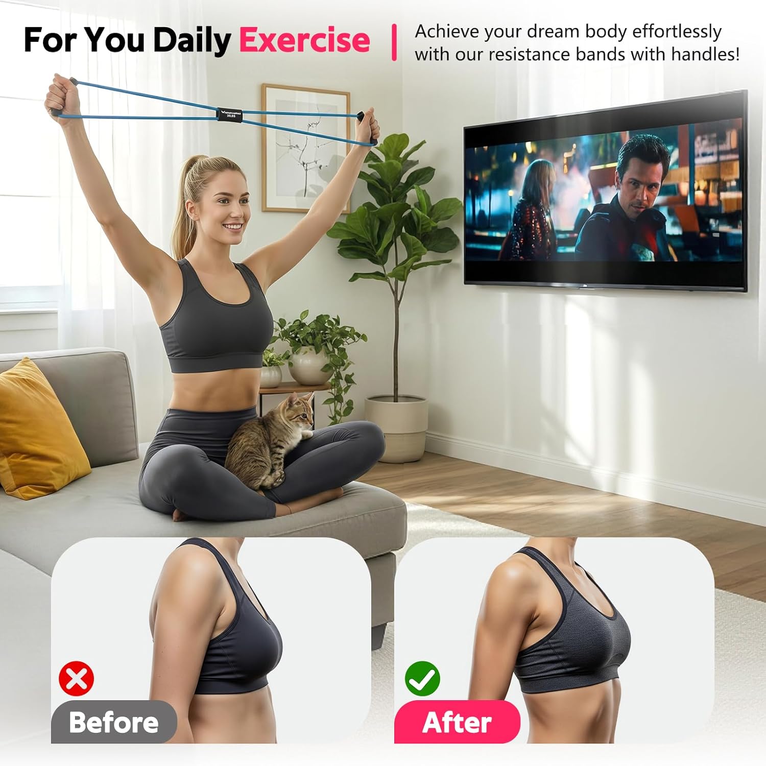 RENRANRING Figure 8 Fitness Resistance Bands with Handles - Exercise Tube Band Set of 3 for Arm and Shoulder Stretch, Rope 8 Word Elastic for Women and Men - Image 2
