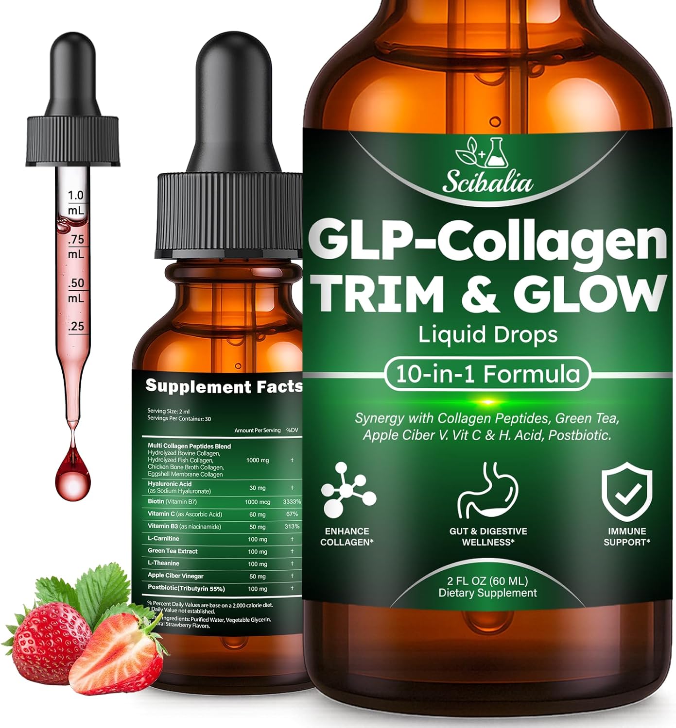 Liquid Collagen for Women GLP 10-in-1 Formula Multi Collagen Burn Drops Trim & Glow Hyaluronic Acid Biotin Green Tea L-Carnitine & ACV for Hair Growth Metabolism Skin Gut & Digestive Health