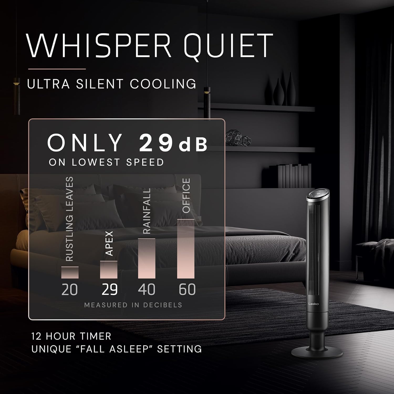 Lasko Apex Tower Fans Oscillating Quiet 42" - 29 ft/s Airflow, 28 dB, 90° Oscillation, 12H Timer, Air Filter for Hair & Dust, Remote, Black, Floor Fans for Home Bedroom, RST200 - Image 4
