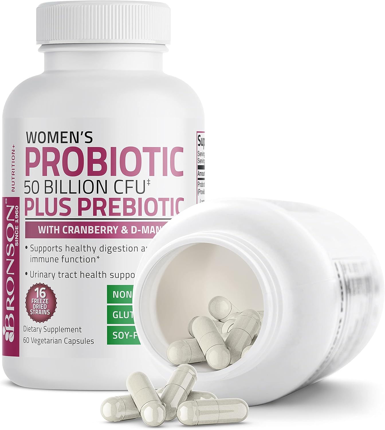 Bronson Women's Probiotic 50 Billion CFU + Prebiotic with Cranberry & D-Mannose – Vaginal Health, Healthy Digestion, Immune Function and Urinary Tract Support, Non-GMO, 60 Vegetarian Capsules - Image 7