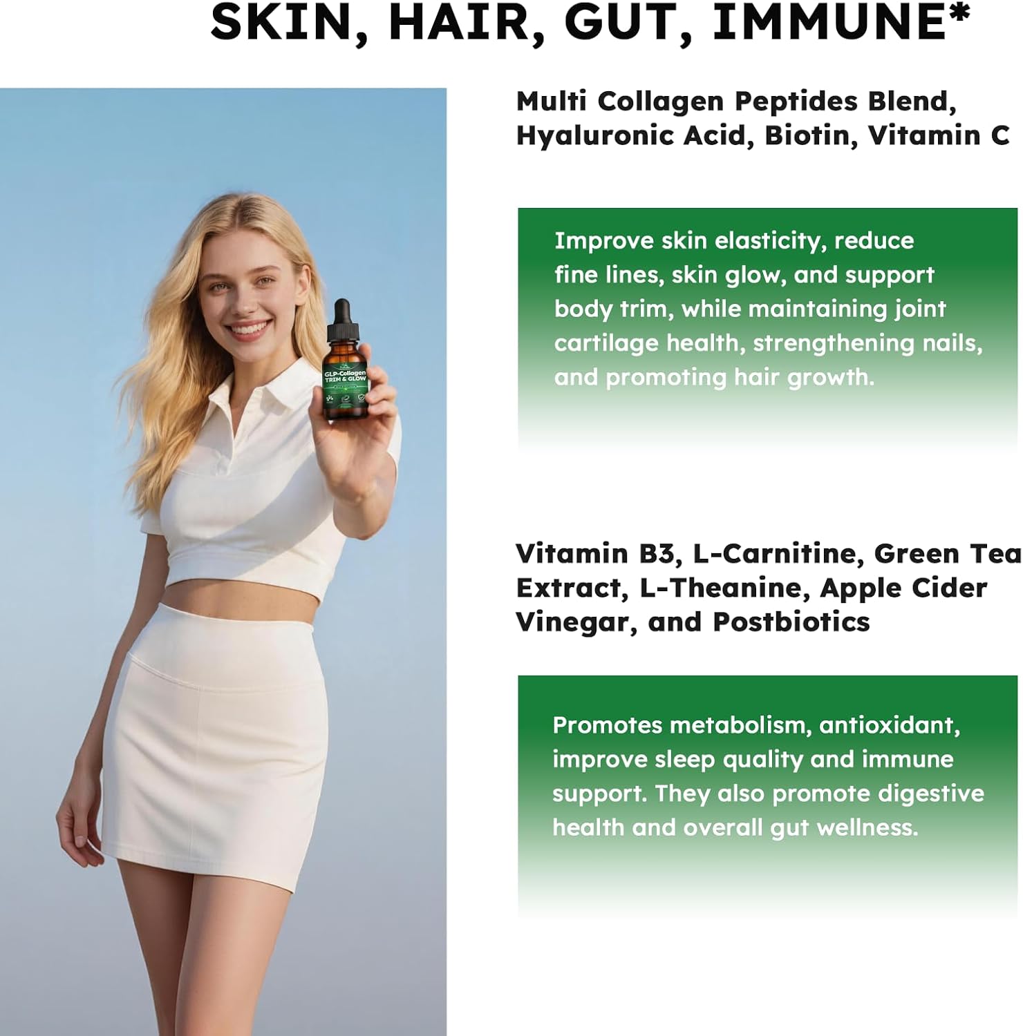 Liquid Collagen for Women GLP 10-in-1 Formula Multi Collagen Burn Drops Trim & Glow Hyaluronic Acid Biotin Green Tea L-Carnitine & ACV for Hair Growth Metabolism Skin Gut & Digestive Health - Image 6