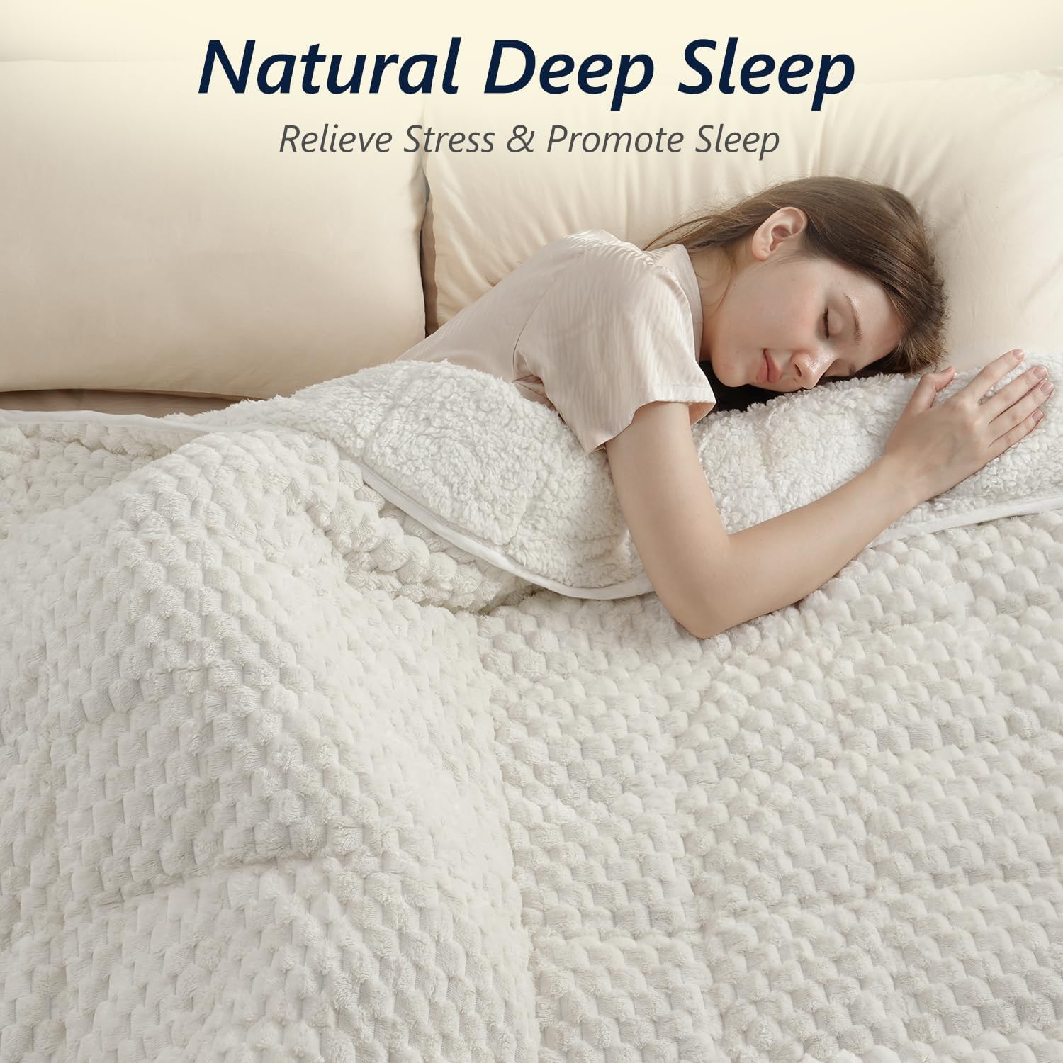 Mr. Sandman Weighted Blankets for Adults Queen Size 15lbs, Warm Sherpa Fleece Throw Blanket for Sleep and Calm, Soft Cozy Heavy Bed Blanket with Jacquard Flannel, 60 x 80 Inches, Cream White - Image 3