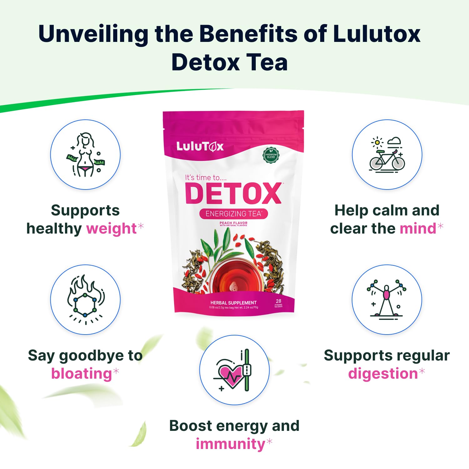 LULUTOX Detox Tea - Herbal Blend with Dandelion, Ginseng, and Ginger - Supports A Healthy Weight, Digestive Health - Vegan, All Natural, Laxative-Free - Peach Flavor (28 Servings) - Image 4