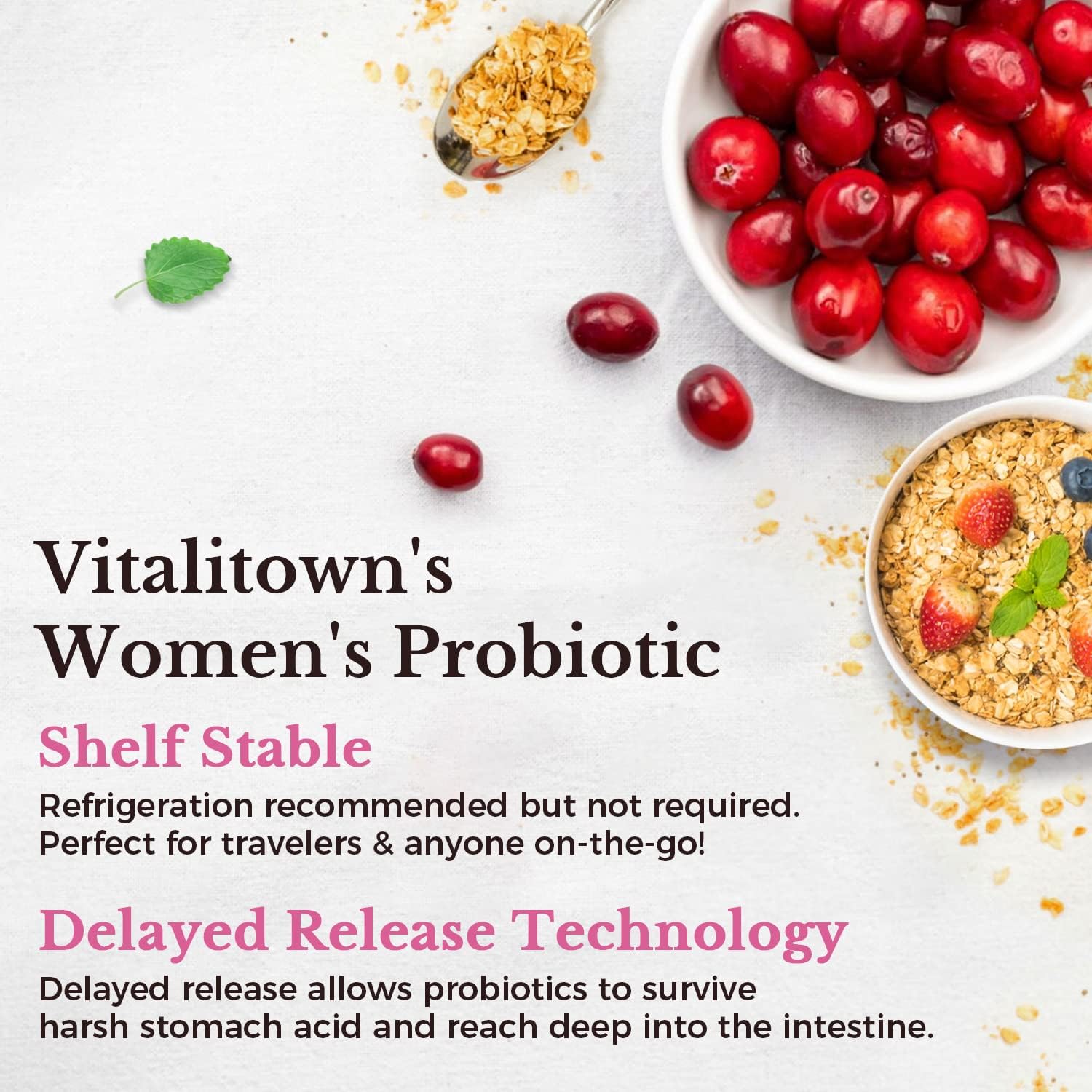 Vitalitown Probiotics for Women 120 Billion CFUs, 30 Strains, with Prebiotics & Digestive Enzymes & Cranberry, Gut & Vaginal Health, Vegan 30 (Pack of 1) Delayed Release Caps - Image 4