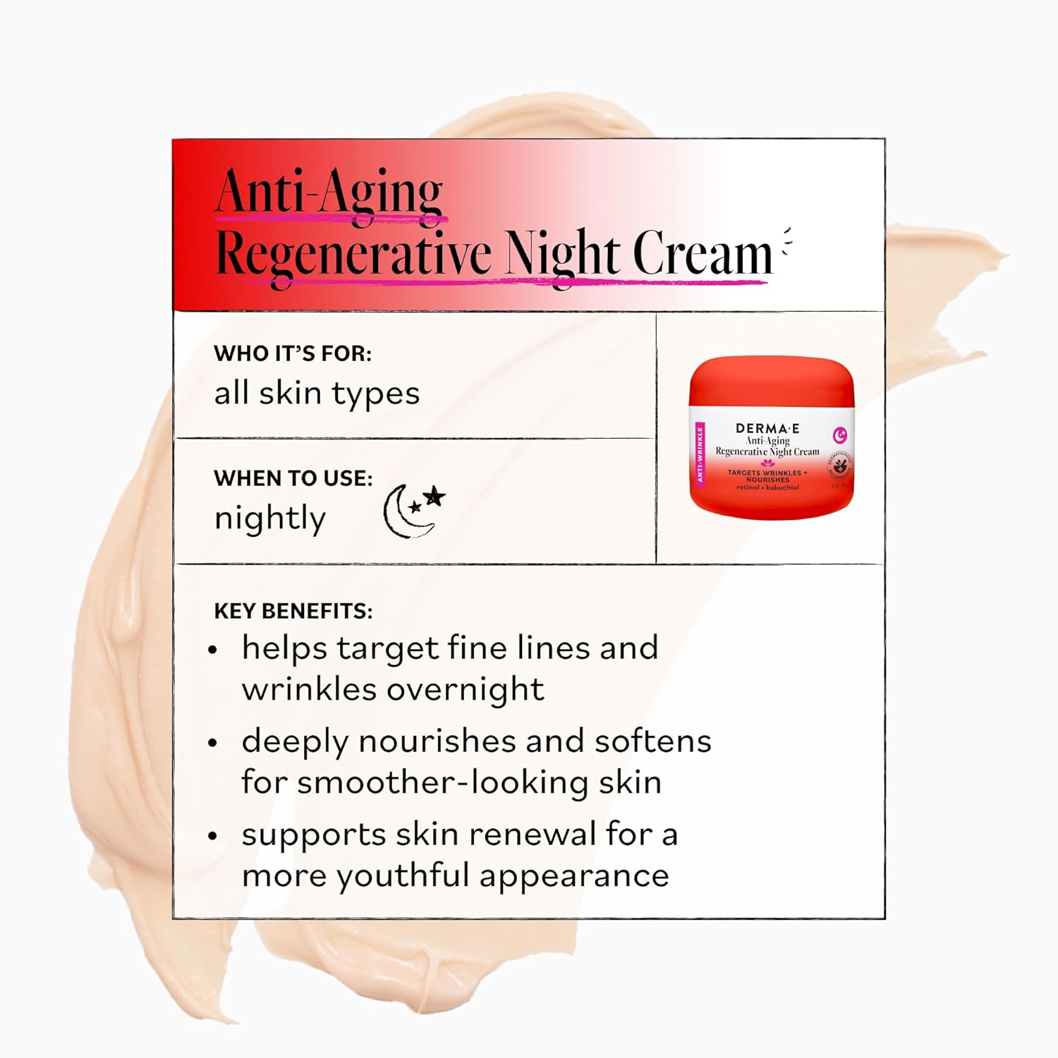Derma E Anti-Aging Regenerative Night Cream – Firming Astaxanthin Moisturizer For Face – Lightweight Overnight Anti-Wrinkle Cream With Jojoba Oil And Vitamin E, 2 oz - Image 5