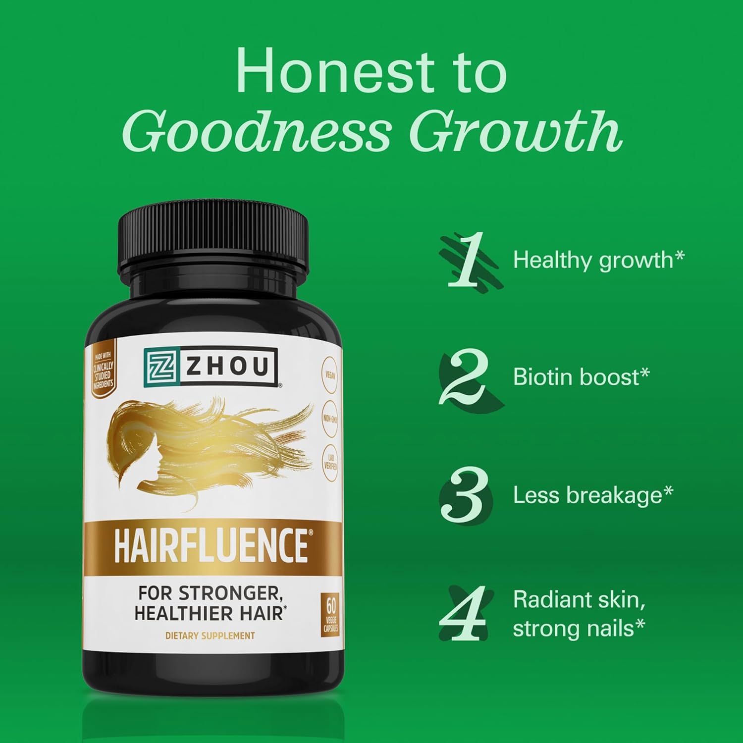 Zhou Hairfluence - Vegan Biotin Supplement for Hair Growth for Men & Women, Supports Stronger, Healthier Hair, Nails, & Glowing Skin with Lustriva & B Vitamin Complex - 60 Veggie Capsules (Pack of 1) - Image 3