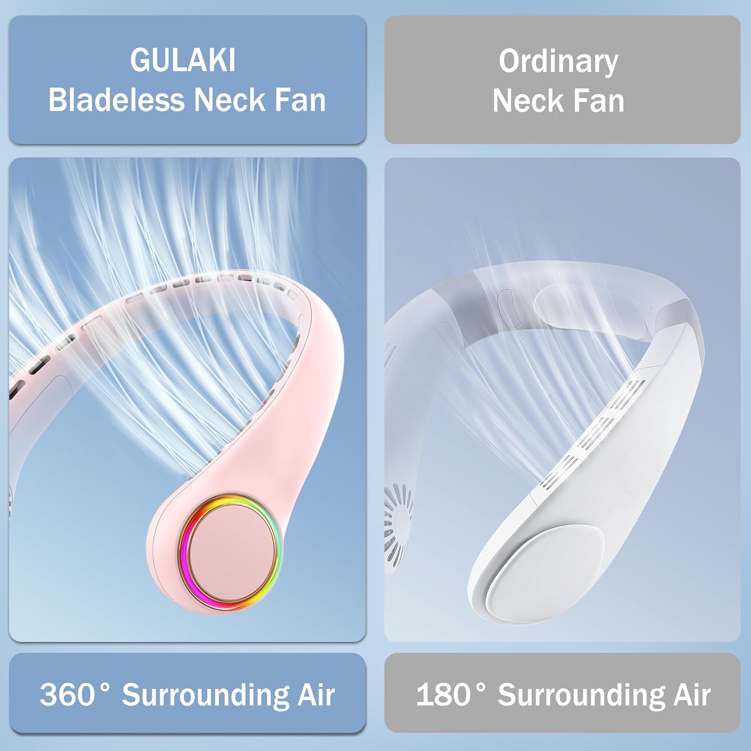 GULAKI Portable Neck Fan, Personal Fan with 4000mAh Battery, Rechargeable Neck Fan with 3 Speeds and 64 Cool Lights, Birthday Gifts for Men Women Mom Dad, Hands Free Cooling fan for Summer(Pink) - Image 7