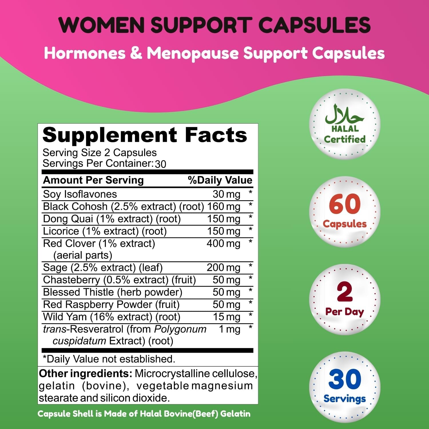 SHIFAA NUTRITION Hormones Balance & Menopause Supplements for Women, Menopause Relief - Support for Hot Flashes, Mood Swings w/Black Cohosh & Red Clover Halal Vitamins, 30 Servings - Image 2