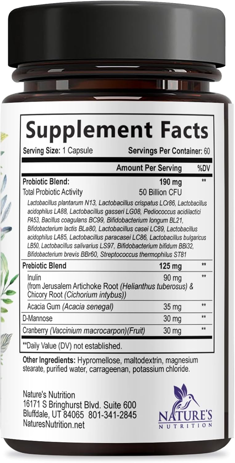 Probiotics for Women - Probiotic Blend 50 Billion CFU Per Cap - 16 Feminine Health Strains Women's Probiotic - Prebiotic for Vaginal PH Balance, Urinary UT Health Support - Bottled USA - 60 Capsules - Image 9