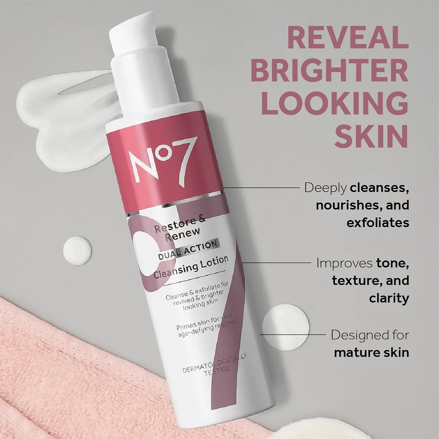 No7 Restore & Renew Dual Action Cleansing Lotion - Facial Cleanser & Exfoliant with Alpha Hydroxy Acid - Cleansing Lotion Makeup Remover for Anti-Aging - Image 2