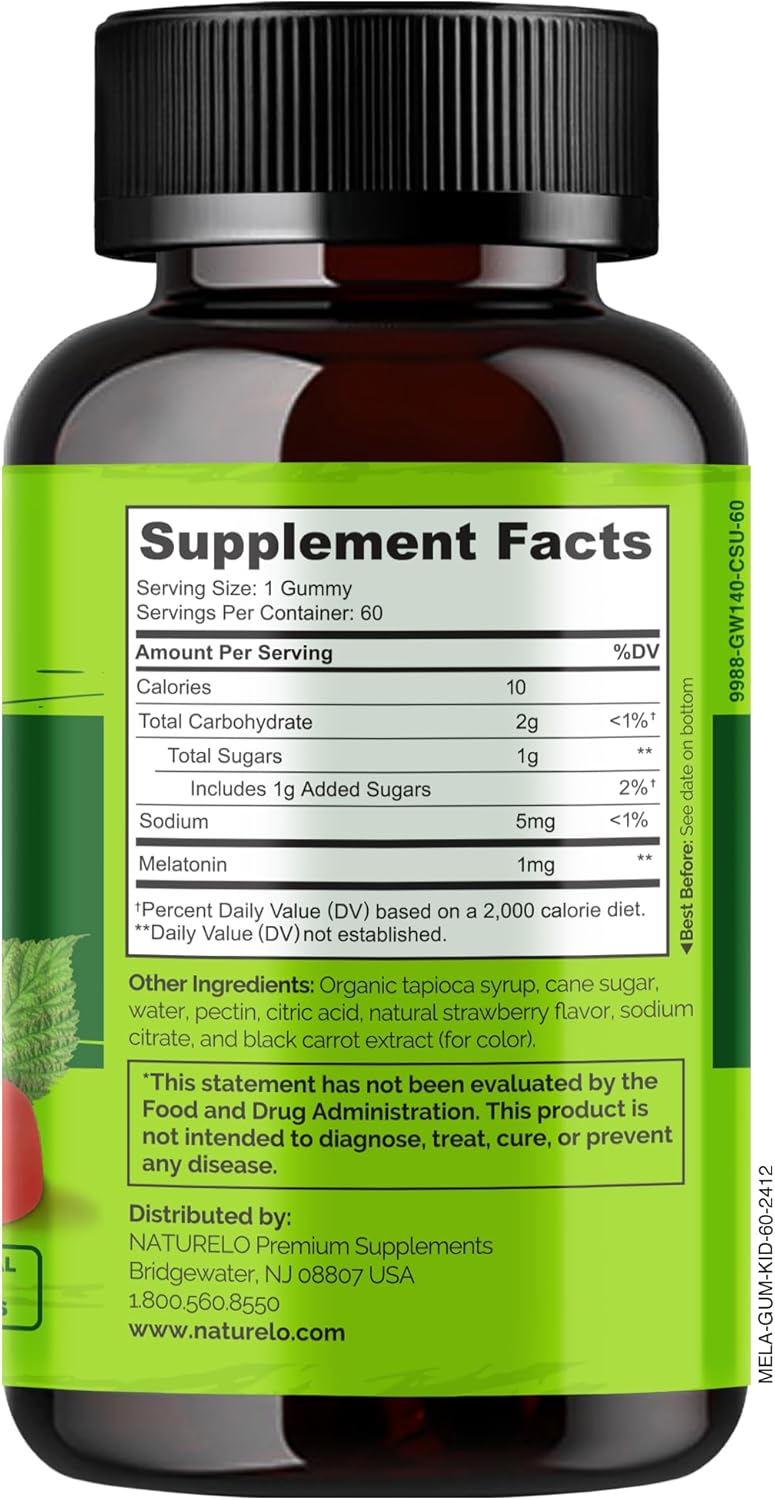 NATURELO Melatonin Gummies for Kids Non-GMO, Gluten-Free, Soy Free - Strawberry Flavor - Gentle Sleep Supplement - 60 Vegetarian Gummies - Image 6