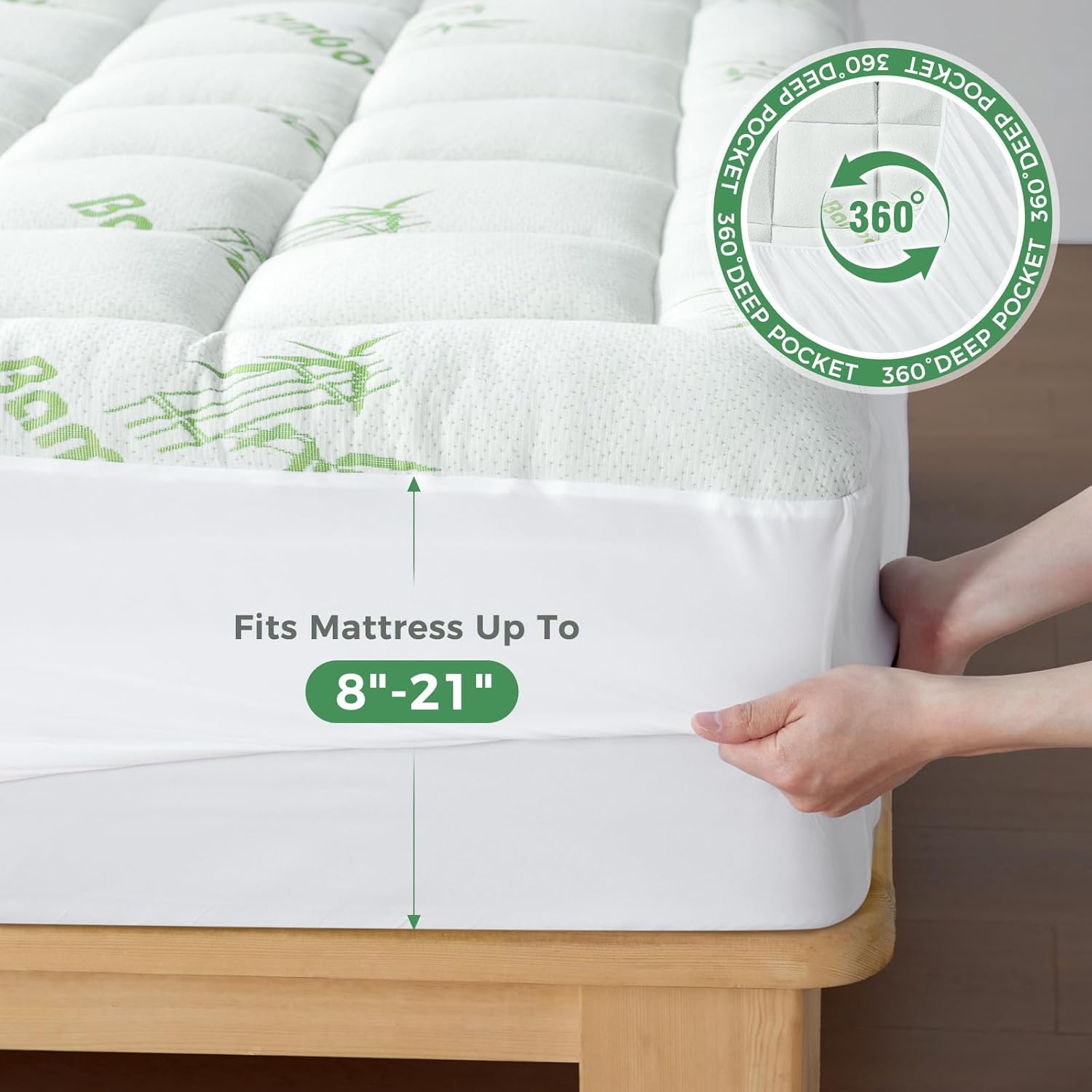 HYLEORY Mattress Topper - Thick Bamboo-Viscose Naturally Cooling Pillow Top Mattress Pad Breathable Fluffy Soft Mattress pad for Back Pain Relief, King Size, Green - Image 7