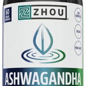 Zhou Nutrition Ashwagandha Capsules, Mood Enhancer, Energy Boost, Blend of Rhodiola, Holy Basil, Cordyceps, Reishi & Ashwagandha Supplement, 30 Servings, 60 Capsules