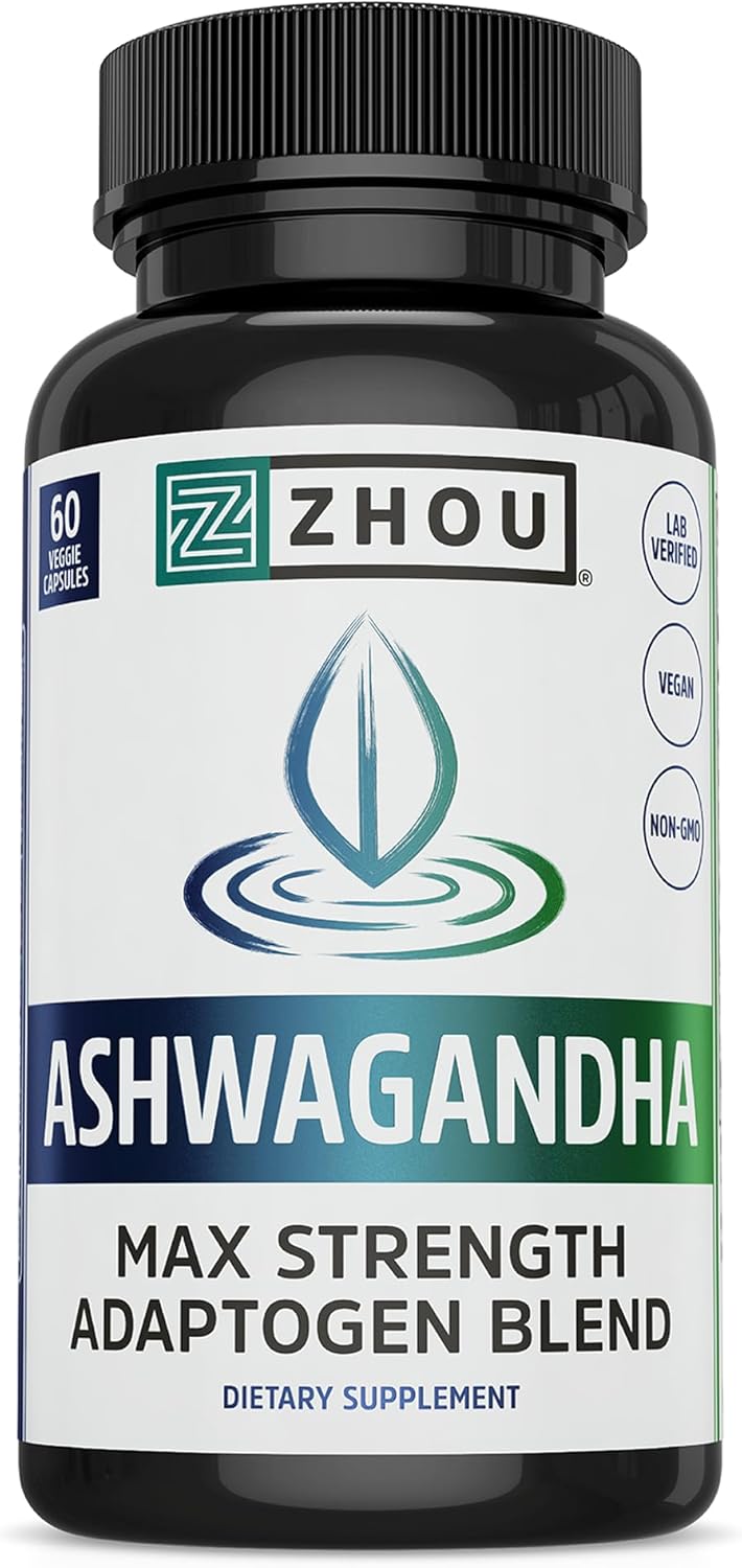 Zhou Nutrition Ashwagandha Capsules, Mood Enhancer, Energy Boost, Blend of Rhodiola, Holy Basil, Cordyceps, Reishi & Ashwagandha Supplement, 30 Servings, 60 Capsules