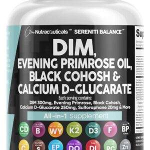 Clean Nutraceuticals DIM Evening Primrose Black Cohosh Calcium D-Glucarate Sulforaphane Flax Seed Extract - Hormonal Support Vitamins for Women with Dong Quai - 60 Caps