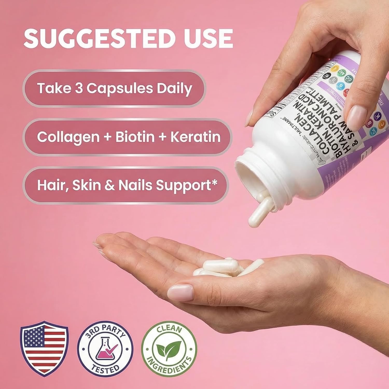Clean Nutraceuticals Collagen Pills 1000mg Biotin 10000mcg Keratin Saw Palmetto Hyaluronic Acid - Hair Skin & Nails Vitamins & DHT Blocker with Vitamin E Folic Acid Pumpkin Seed MSM - 90 Count - Image 6