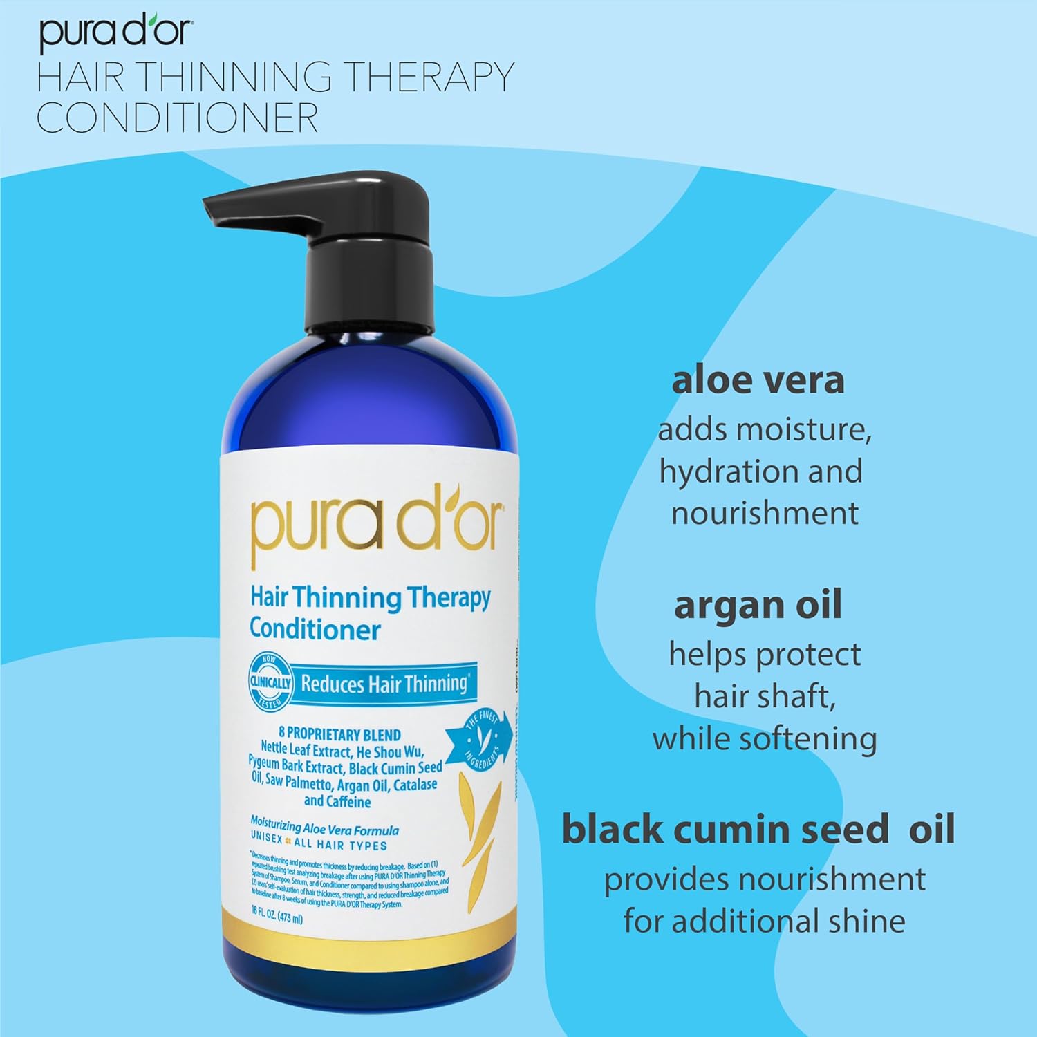 PURA D'OR 16 Oz Hair Thinning Therapy Biotin Conditioner, CLINICALLY TESTED Effective Results, Low Lather Deep Moisturizing Herbal Blend Hair Thickening Products For Women & Men, Color Safe - Image 2