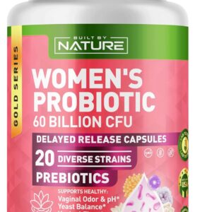 Built by Nature Probiotic for Women 60 Billion CFU – 20 Strains + Prebiotics – Vaginal & Digestive Support – Delayed Release Capsules, Shelf Stable – 3 Month Supply - 90 Capsules