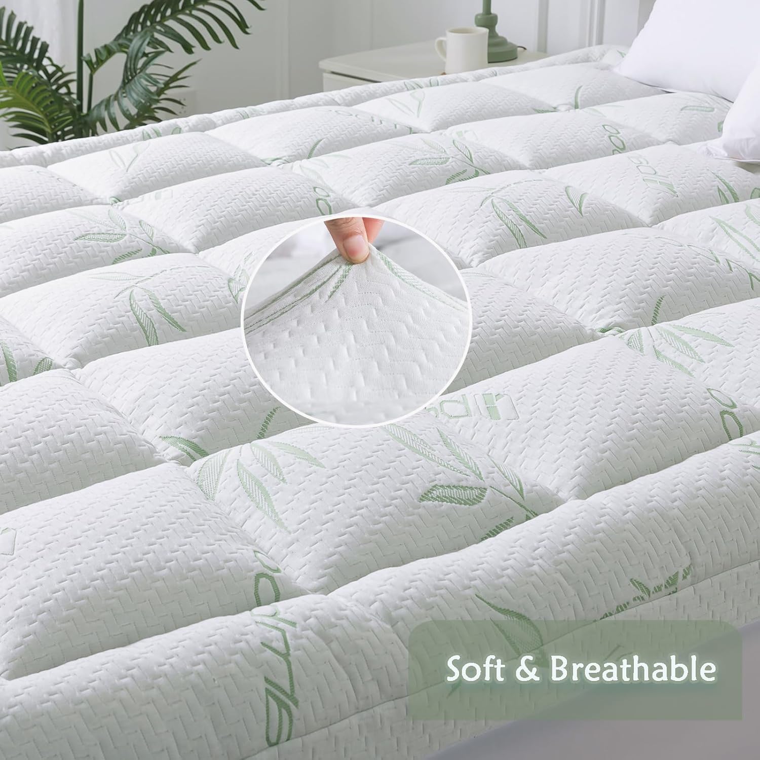 WhatsBedding Queen Mattress Topper, Soft Pillow Top Mattress Topper with Deep Pocket Fits 8–21 Inch,7D Spiral Fiber Filling, Bamboo Viscose Air Layer Mattress Topper Queen. - Image 2