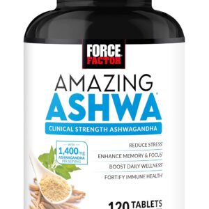 Force Factor Amazing Ashwa, KSM-66 Ashwagandha Supplement for Stress Relief, Focus, Memory, Immune Support, with Vitamins, Minerals & Antioxidants, Cortisol Supplements for Women, 120 Tablets