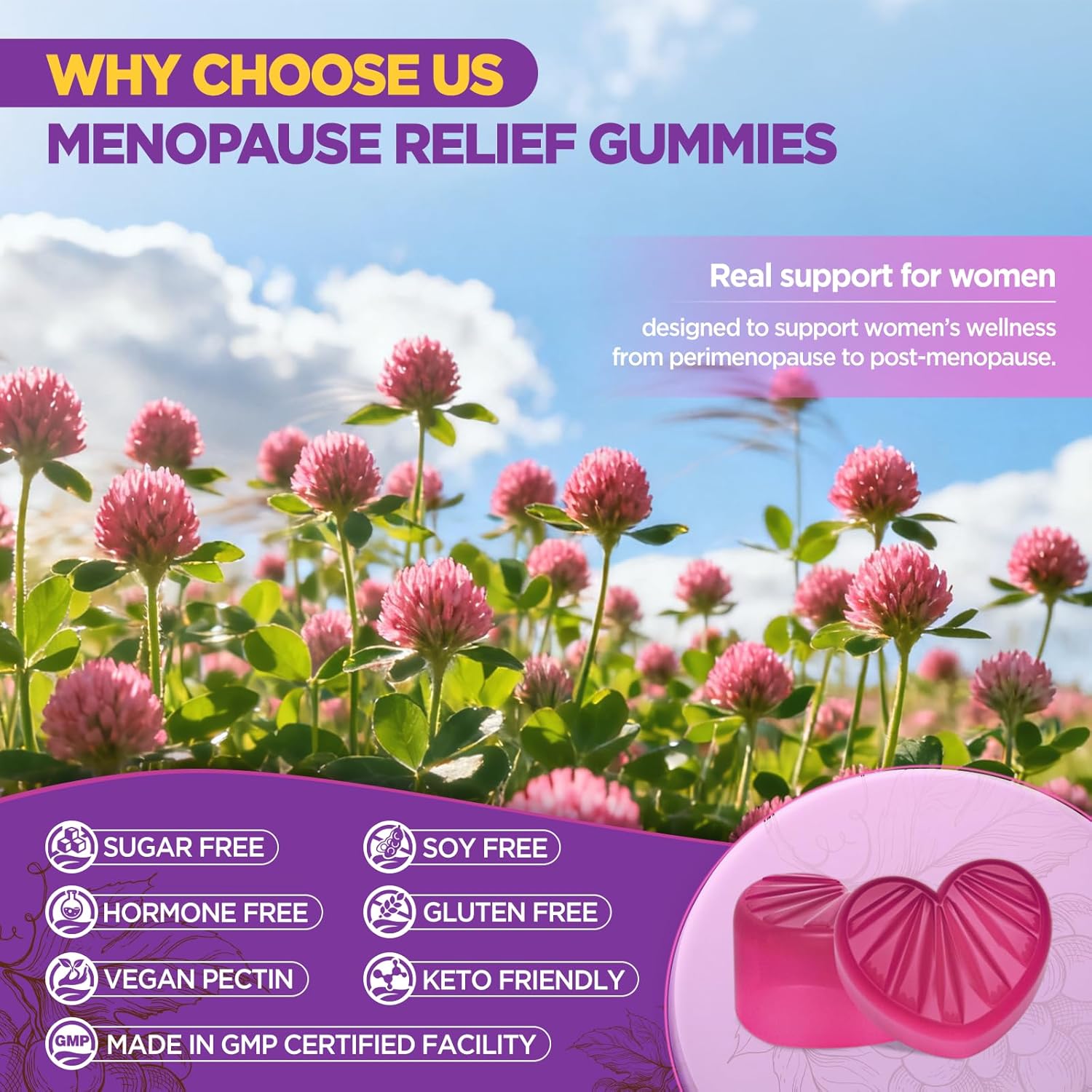 Menopause Supplements for Women Gummies, Hot Flashes & Night Sweats Support, Menopause Relief with Black Cohosh, Chasteberry & Probiotics, Sugar Free, Vegan, Grape Flavor, 60 Count - Image 8