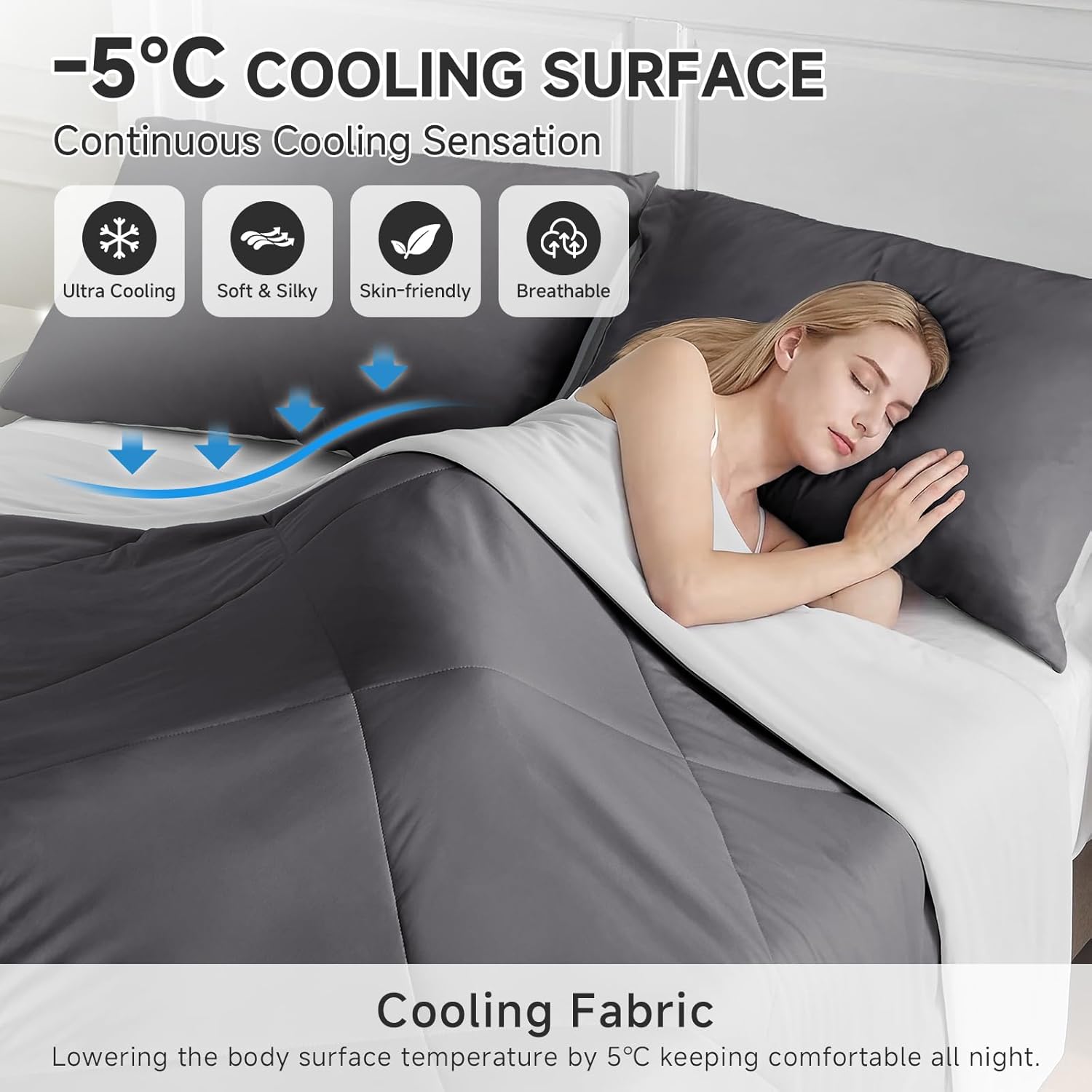 HOMFINE Cooling Comforter Japanese Double-Sided Cold Tech Fabric Cooling Blanket for Night Sweats Hot Sleepers, Q-Max 0.45 Soft Breathable Silky Smooth Lightweight Grey Summer Comforter Queen - Image 2