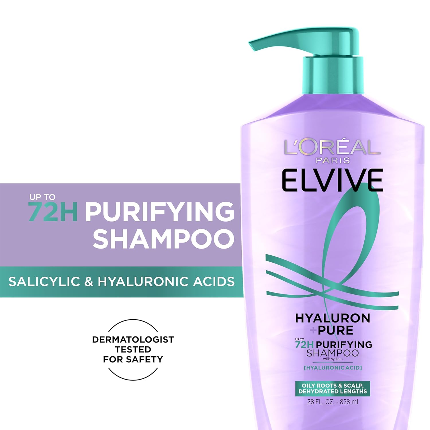 L'Oreal Paris Elvive Hyaluron + Pure 72H Purifying Shampoo for Oily Hair, Clarifying Shampoo with Salicylic Acid and Hyaluronic Acid, 28 Fl Oz - Image 2