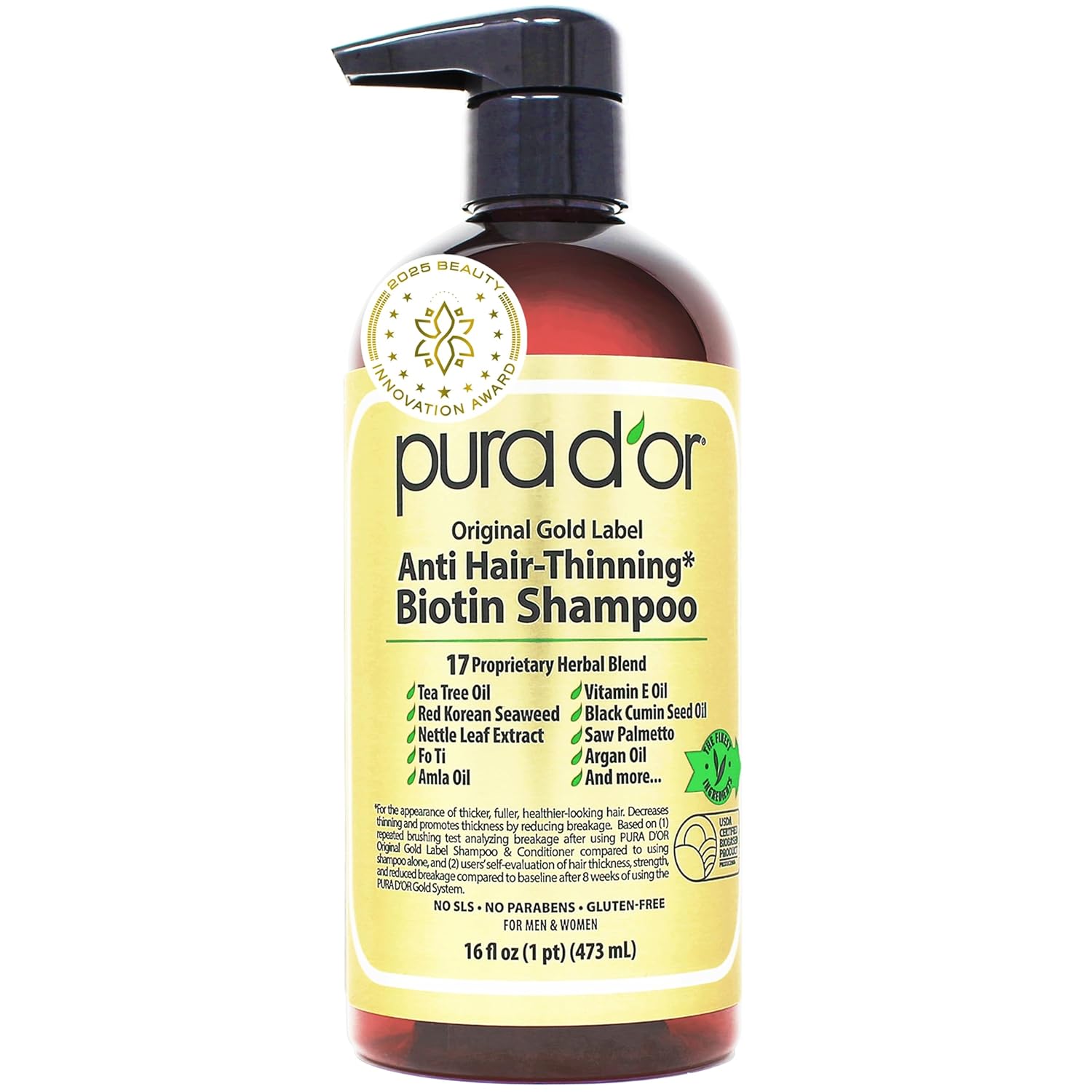 PURA D'OR Original Gold Label Anti-Thinning Shampoo - CLINICALLY TESTED - Biotin & Argan Oil – Sulfate-Free Strengthening & Volumizing for Fuller-Looking Hair, Men & Women, Natural Earthy Scent 16 oz