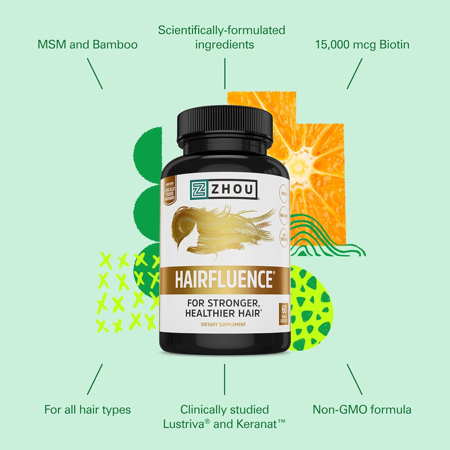 Zhou Hairfluence - Vegan Biotin Supplement for Hair Growth for Men & Women, Supports Stronger, Healthier Hair, Nails, & Glowing Skin with Lustriva & B Vitamin Complex - 60 Veggie Capsules (Pack of 1) - Image 4
