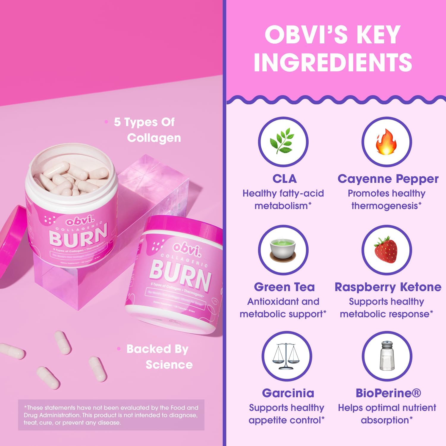 Obvi Collagenic Burn | Hydrolyzed Collagen Peptides + Green Tea Extract Supplement | Supports Metabolism & Daily Wellness | with Biotin, B12 & BioPerine | 30 Servings | 120 Capsules - Image 4