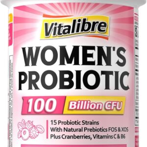 Vitalibre Probiotics for Women 100 Billion CFU 15 Strains, Daily Probiotic & Prebiotic Supplement with Organic Cranberry to Support Vaginal, Digestive, Immune Health, Shelf Stable, 30 Vegan Capsules