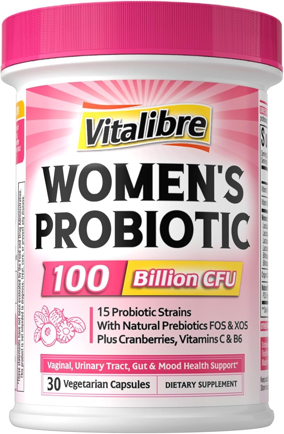 Vitalibre Probiotics for Women 100 Billion CFU 15 Strains, Daily Probiotic & Prebiotic Supplement with Organic Cranberry to Support Vaginal, Digestive, Immune Health, Shelf Stable, 30 Vegan Capsules
