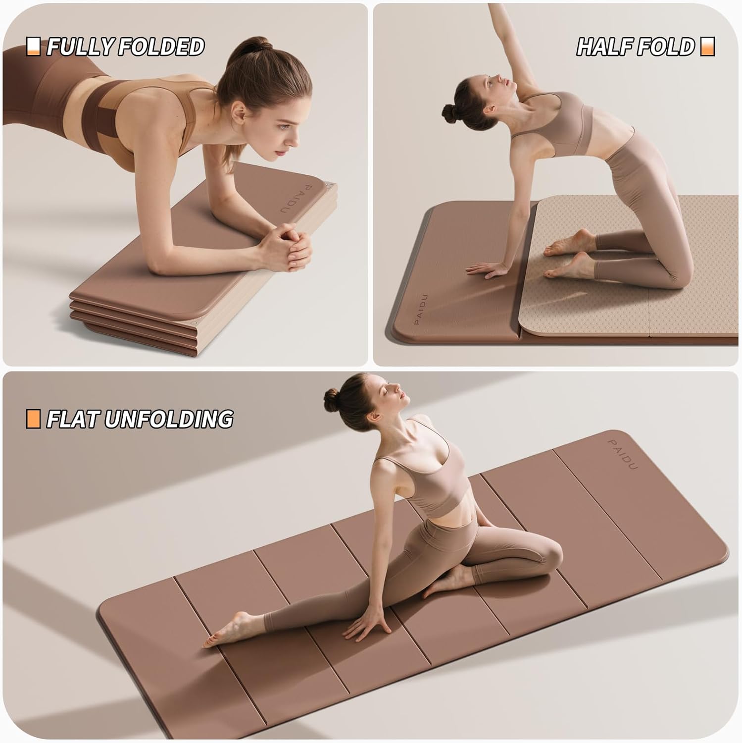 PAIDU Foldable Fitness Yoga Mat | 2/5" (10MM) Extra Thick | SGS Certified Non-Slip TPE | 75x26" Extra Long-Wide | Portable & Easy Store | for Yoga, Pilates, Home Gym & Full-Body Workouts - Image 2