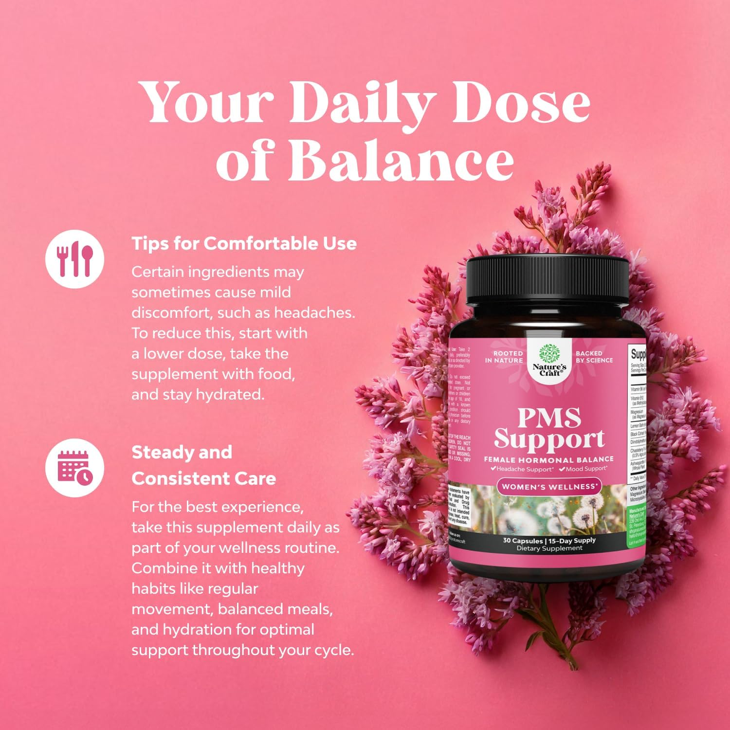 PMS Support Supplement for Women – Hormone Balance for Women & Menstrual Ease with DIM, Chasteberry, Black Cohosh & Ashwagandha - for Period Cramps Ease, Menopause Bloating, Mood Swing – 30 Ct - Image 4