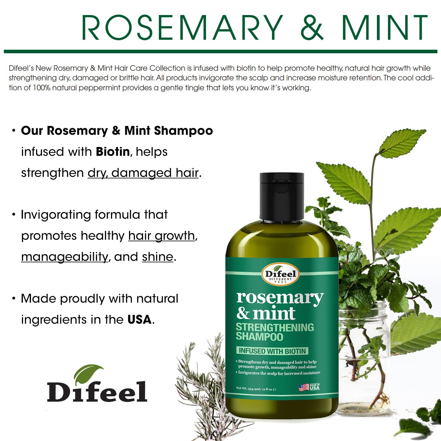 Difeel Rosemary Mint Strengthening Shampoo with Biotin 12 oz. - Made with Natural Rosemary Oil for Hair Growth - Image 2