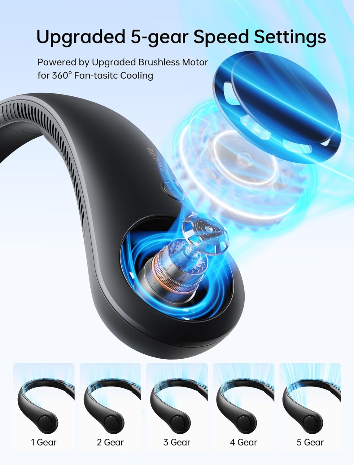 JISULIFE Portable Neck Fan, Hands-Free Bladeless, 5 Speeds, 4000 mAh Battery Operated Wearable Personal Fan, Twistable, Rechargeable, Gift for Women Men-Black - Image 3