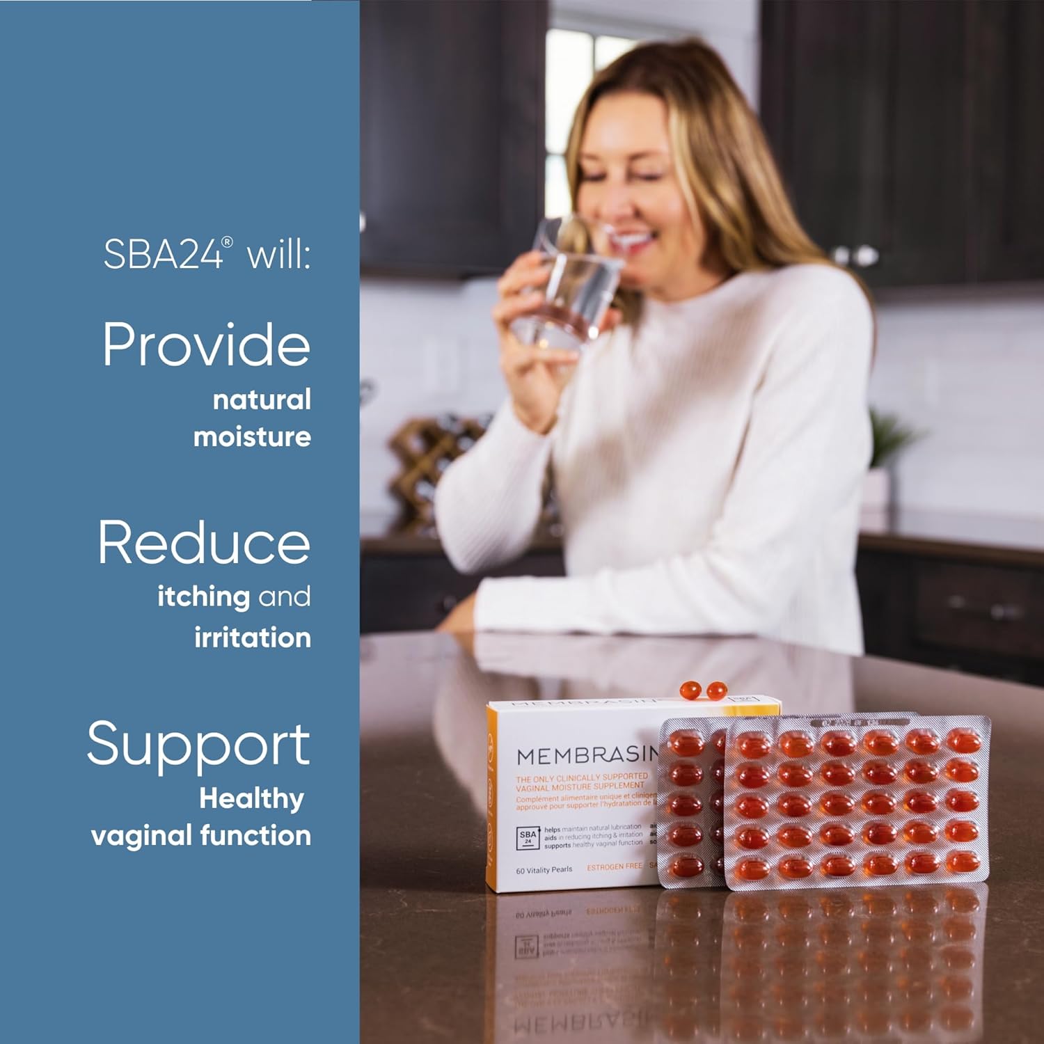 Membrasin Vaginal Moisture Support Vitality Pearls, Menopause Supplement for Vaginal Dryness & Itch, Estrogen-Free Supplement, 100% Natural Formula, Made with Sea Buckthorn Oil, 30 Oral Softgels - Image 8