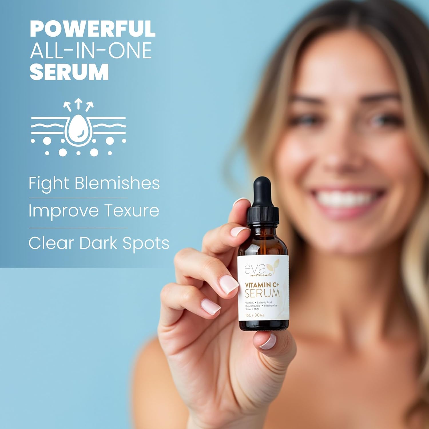 Eva Naturals Vitamin C Serum for Face – Anti Aging Dark Spot Remover & Corrector with Retinol, Hyaluronic Acid, Niacinamide & Salicylic Acid – Brightening, 1 fl oz - Image 9