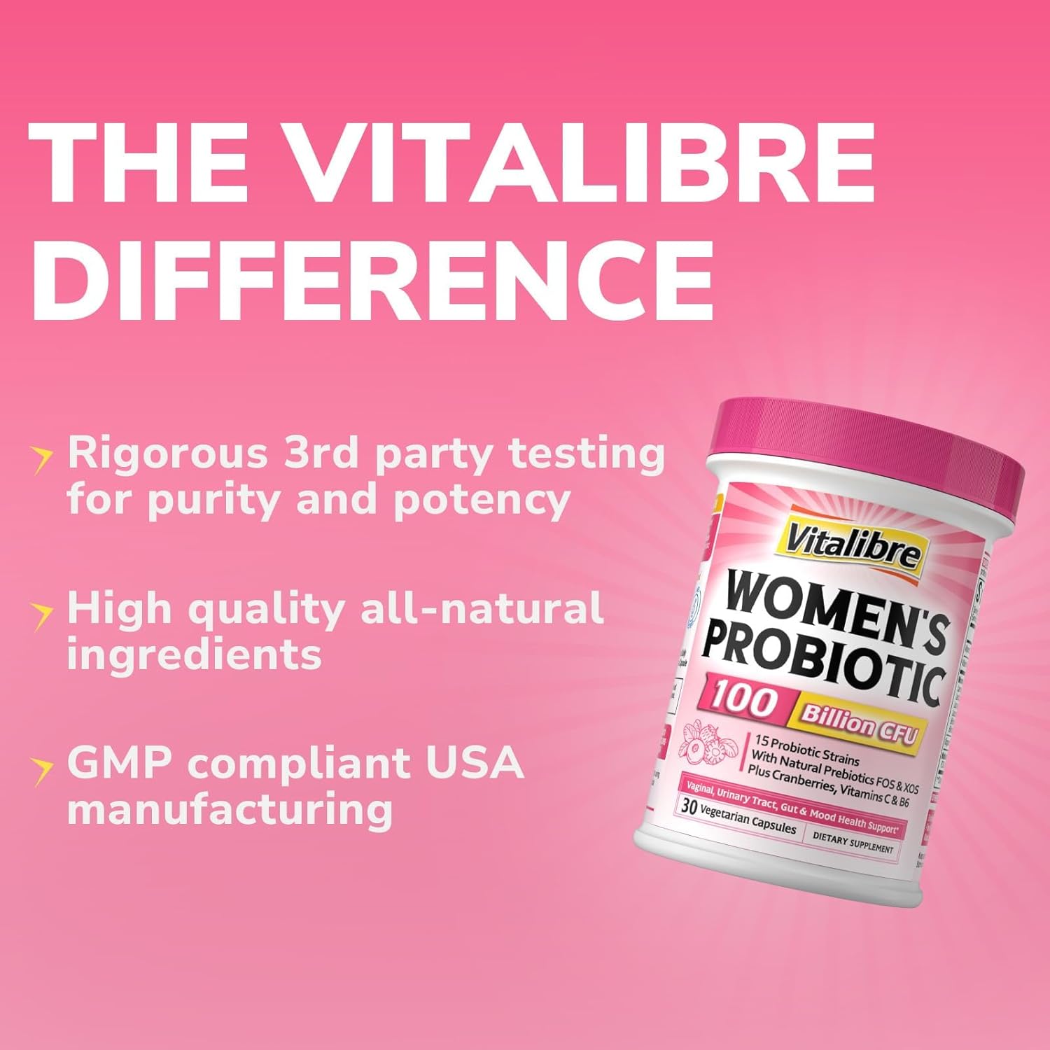 Vitalibre Probiotics for Women 100 Billion CFU 15 Strains, Daily Probiotic & Prebiotic Supplement with Organic Cranberry to Support Vaginal, Digestive, Immune Health, Shelf Stable, 30 Vegan Capsules - Image 9