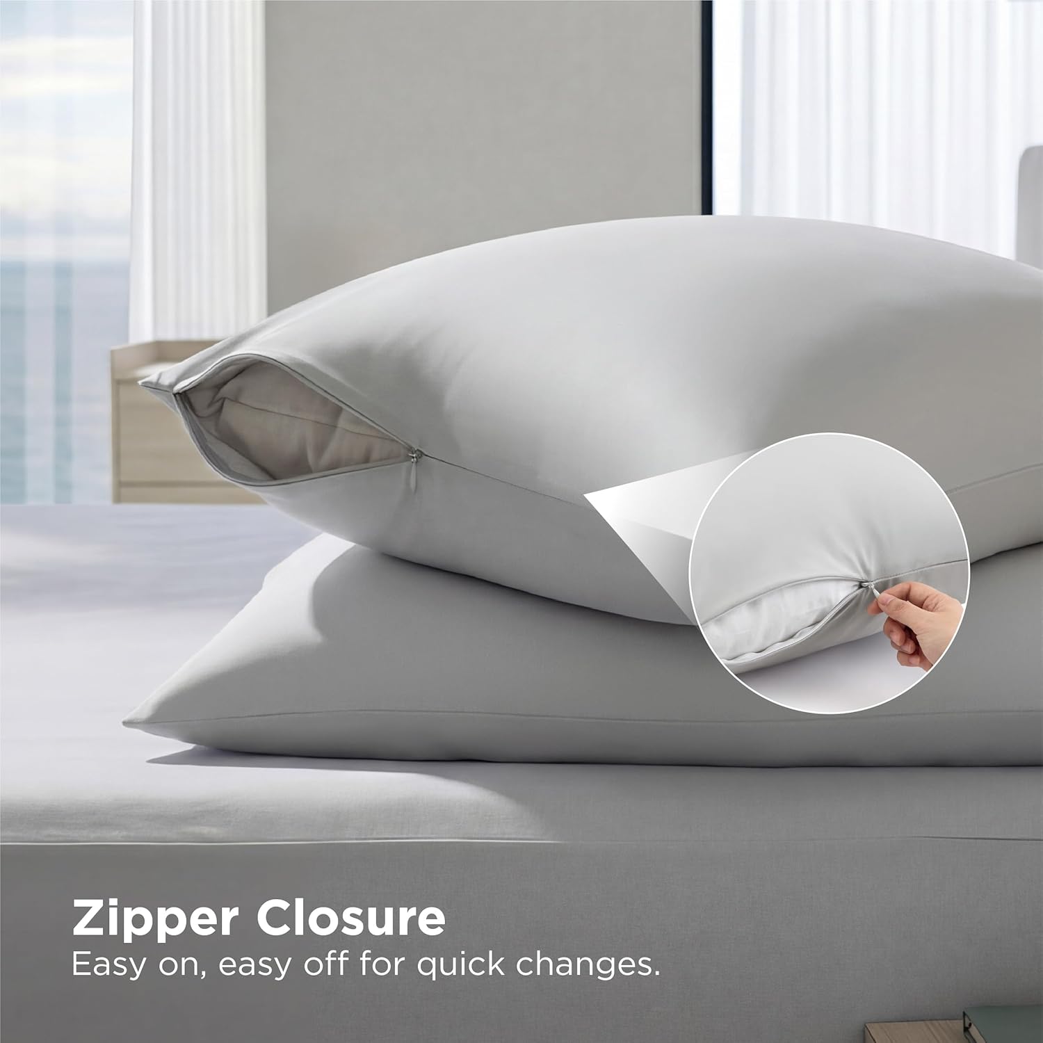 Bedsure Cooling Pillow Cases for Hot Sleepers, Cool Pillowcases for Night Sweats, Zipper Pillow Cases Queen Set of 2, Silky Soft & Breathable Cold Pillow Covers for Hair & Skin, Grey, 20x30 Inches - Image 6