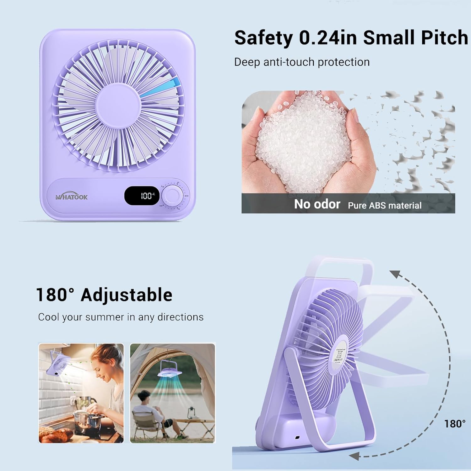 WHATOOK Small Desk Fan Personal Fans: 5000mah 25 Hours Battery Office Quiet Mini Desktop Fan Portable Rechargeable Travel Essentials (Purple, 2000 mAh) - Image 5