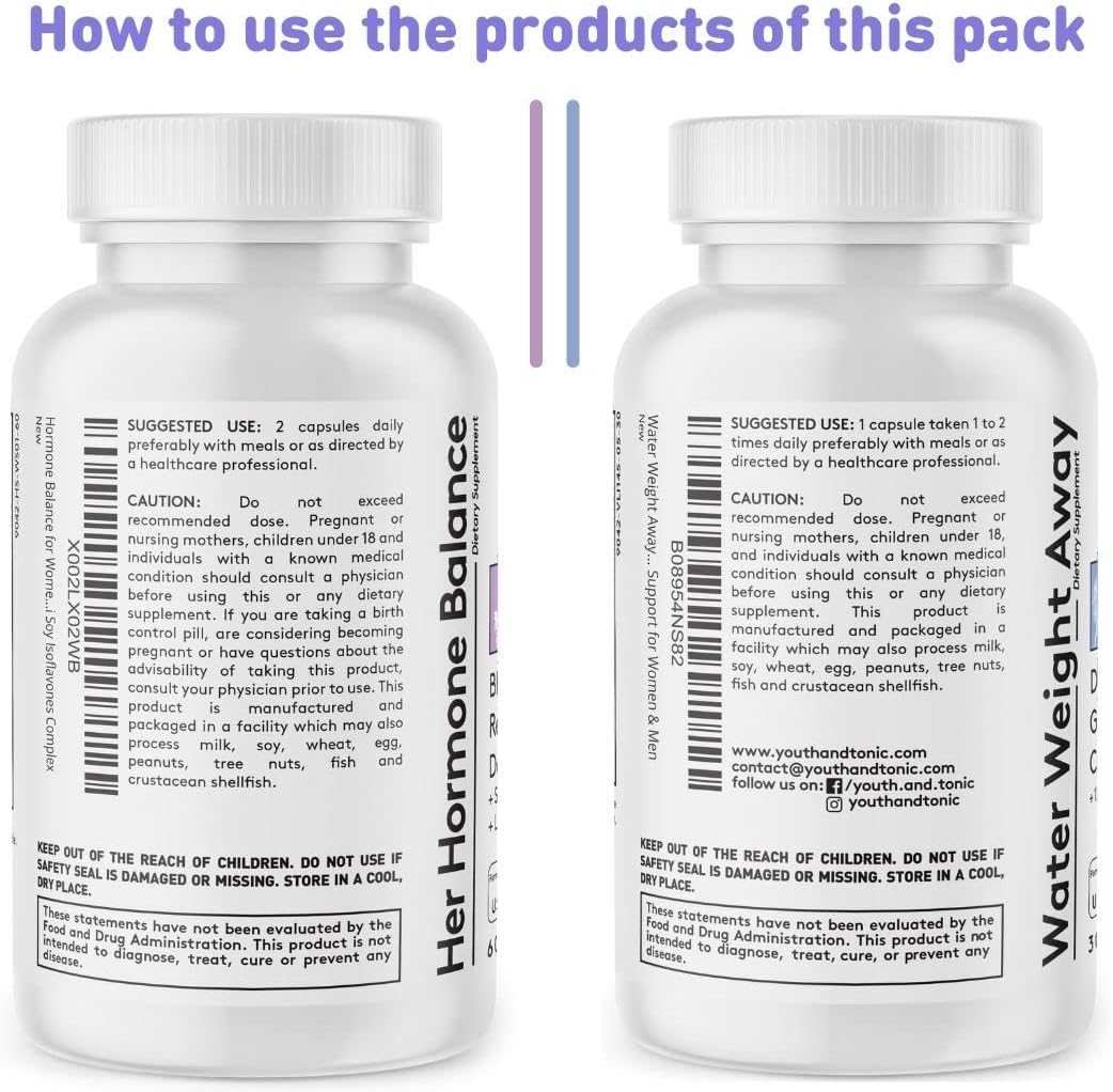 Youth & Tonic PMS & Menopause Bloating Relief Duo – Support for Puffiness, Hormonal Balance & Fluid Retention – Her Hormone Balance + Water Weight Away Natural Herbs for Women, 90 Capsules - Image 8