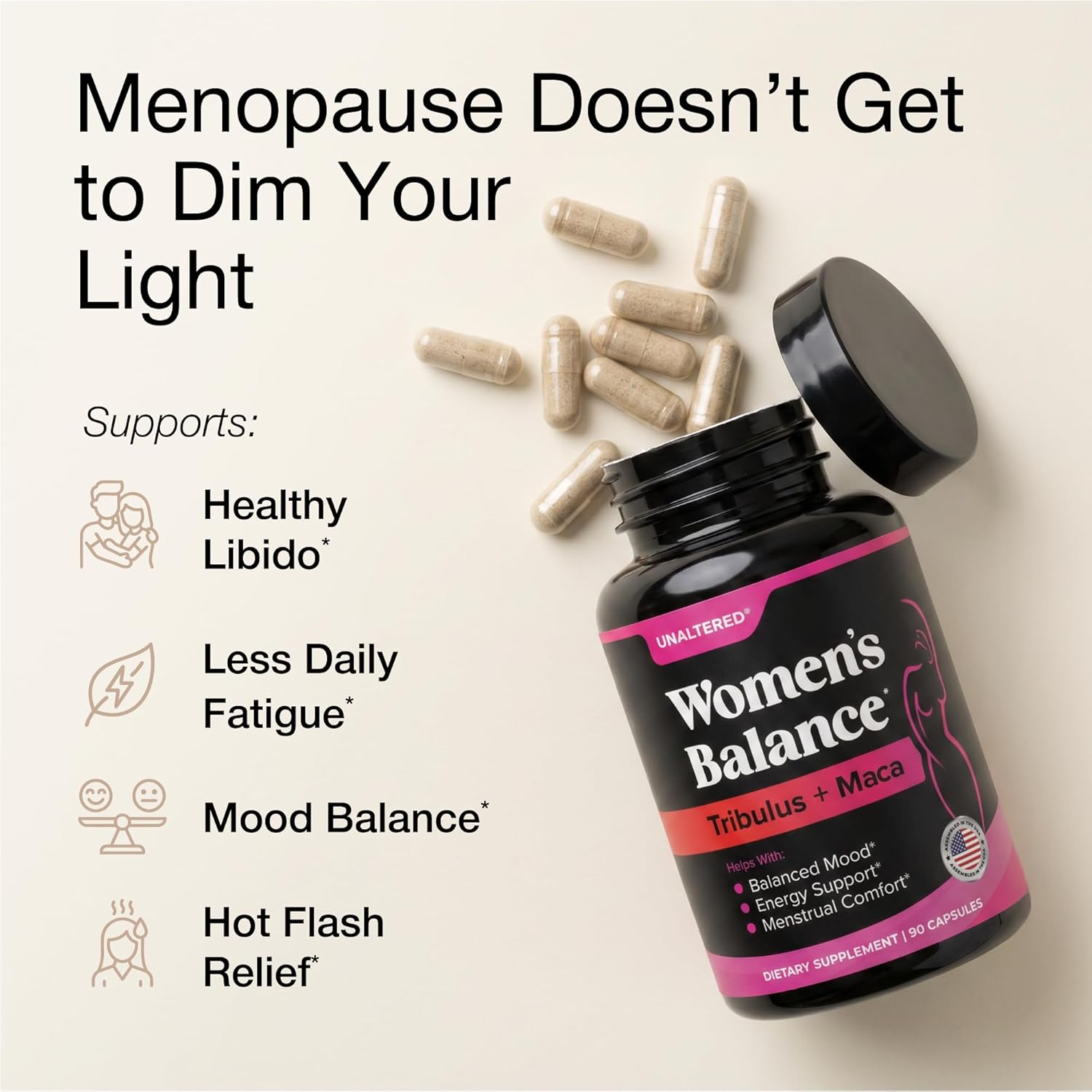 UNALTERED Hormone Balance & Mood Support for Women - Naturally Supports Hormonal Balance & Energy with Tribulus Terrestris & Red Maca Root Extract - Dietary Supplement - 90 Vegan Capsules - Image 3