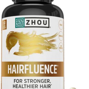 Zhou Hairfluence - Vegan Biotin Supplement for Hair Growth for Men & Women, Supports Stronger, Healthier Hair, Nails, & Glowing Skin with Lustriva & B Vitamin Complex - 60 Veggie Capsules (Pack of 1)