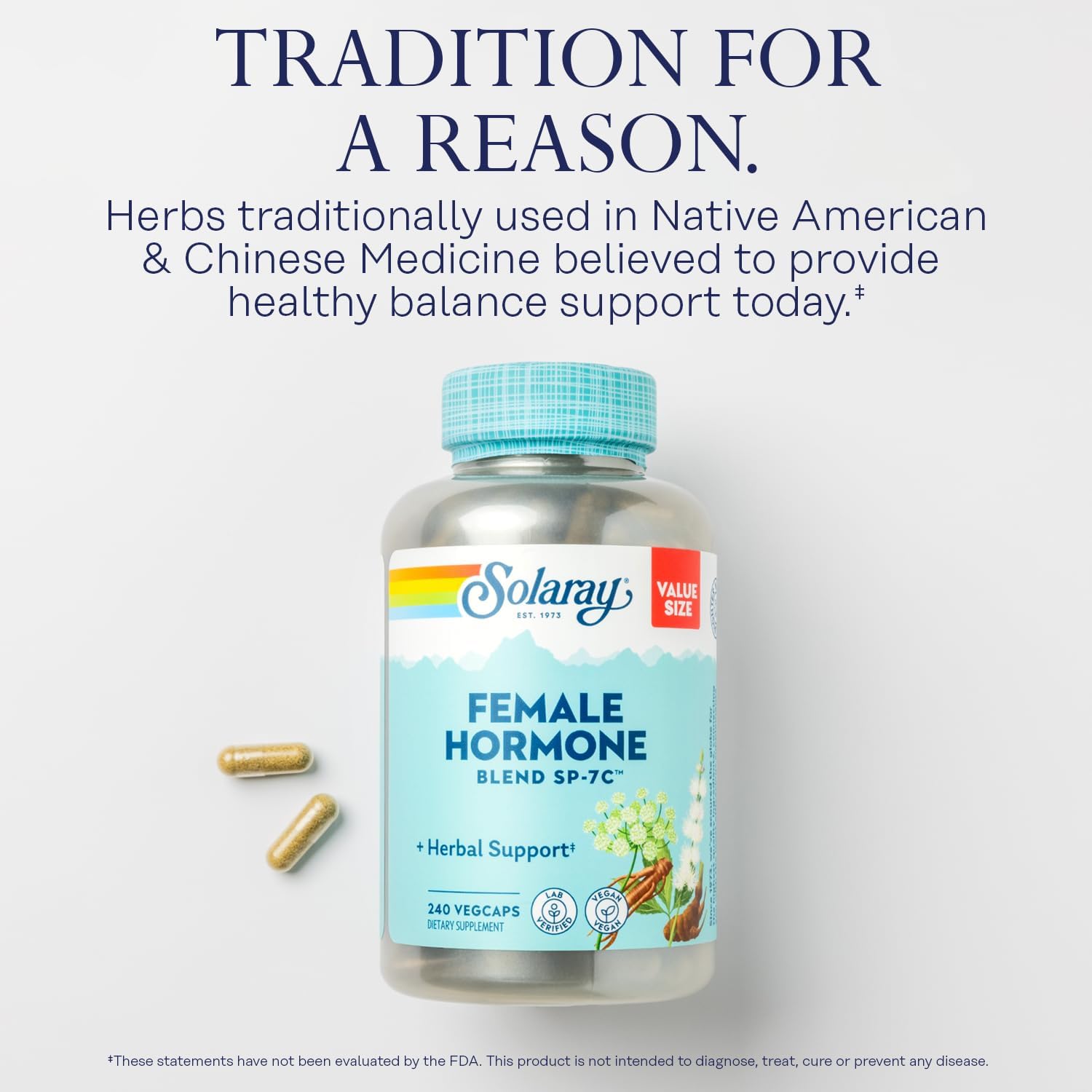SOLARAY Female Hormone Blend SP-7C, Herbal Support Hormonal Balance for Women with Black Cohosh, Dong Quai, Wild Yam, and More, Vegan, Lab Verified, 60-Day Guarantee, 120 Servings, 240 VegCaps - Image 3