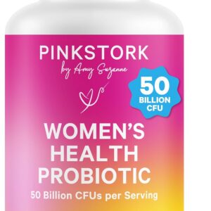 Pink Stork Women’s Health Probiotic, 50 Billion CFU | Clinically Studied Probiotics | Vaginal, Gut, Mood, & Hormone Balance | Yeast & Odor Support | Probiotic and Prebiotic Blend | 30 Vegan Capsules