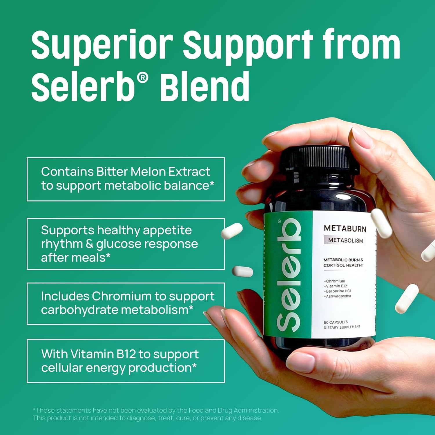 Selerb Metaburn Weight Loss Pills for Women & Men - Appetite Suppressant & Fat Burner, Metabolism Support Weight Loss Supplement with Berberine, Chromium, Green Tea & B12-60 Capsules - Image 3